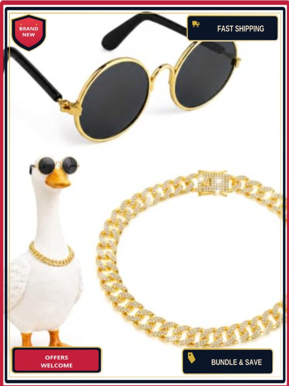 Grevosea Porch Goose Outfit Gold Chain Collar & Sunglasses Set